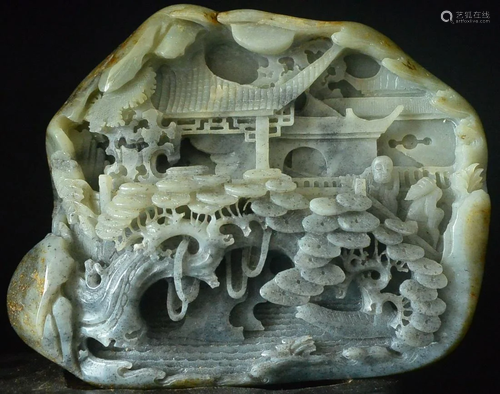 Natural Hetian Jade Statue w Poet & Pine Tree With MA