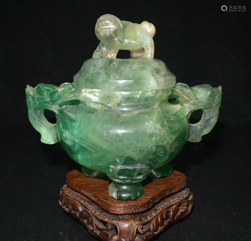 Jade Water green crystal stone lion ear incense burner