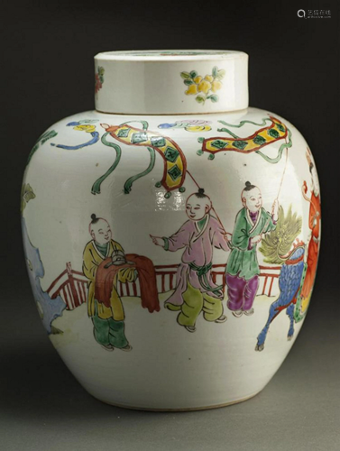 Porcelain, Chinese Qing Dynasty WuCai Figures Jar