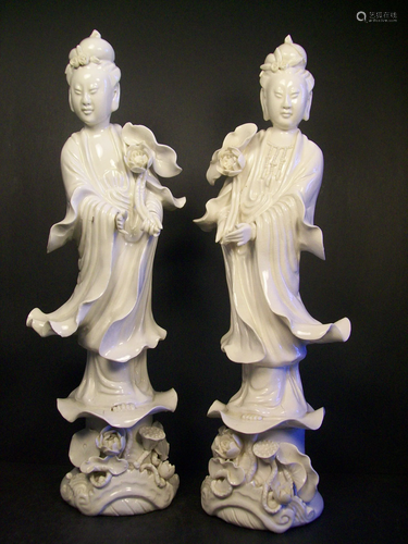 Porcelain, Pair of Blanc de Chine figure of guanyin.