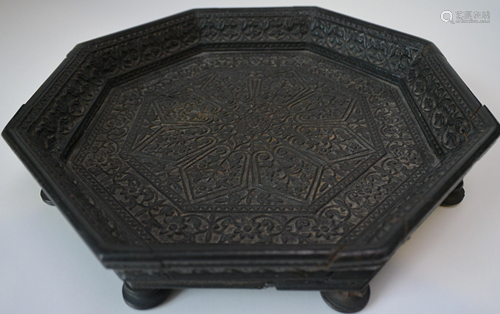 Old wooden carved flower-geometric octagonal tray