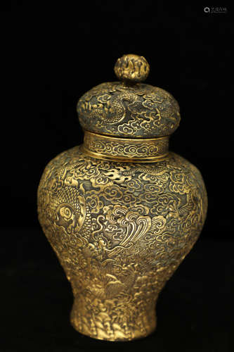 清 銅雕龍紋蓋瓶
