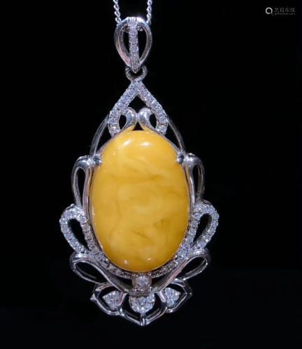 Silver Inlaid Natual Opaque Amber Pendant