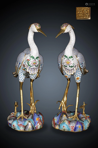 A Pair of Qing Dynasty Cloisonne Enamel Egret Ornament