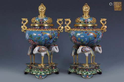 A Pair of Qing Dynasty Cloisonne Enamel Crane Legged