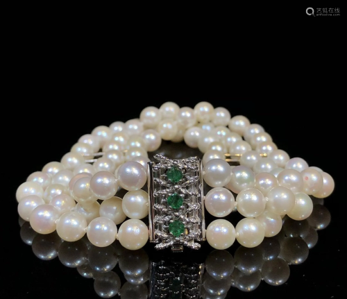 Vintage 14k Gold Inlaid Natual Emerald Pearl Bracelet