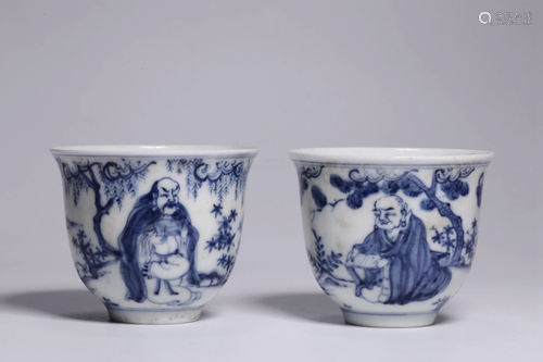 A Pair of Chenghua Period Made Mark Blue White Arhat