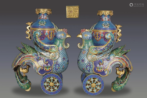 A Pair of Qing Dynasty Cloisonne Enamel Tianji Zun