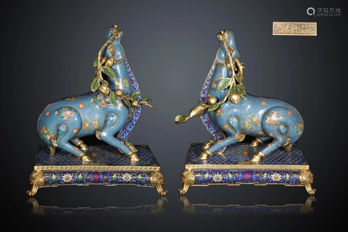 A Pair of Qing Dynasty Cloisonne Enamel Deers Ornament