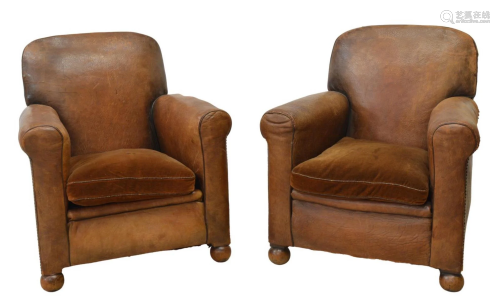 (2) FRENCH ART DECO LEATHER LOW CLUB CHAIRS