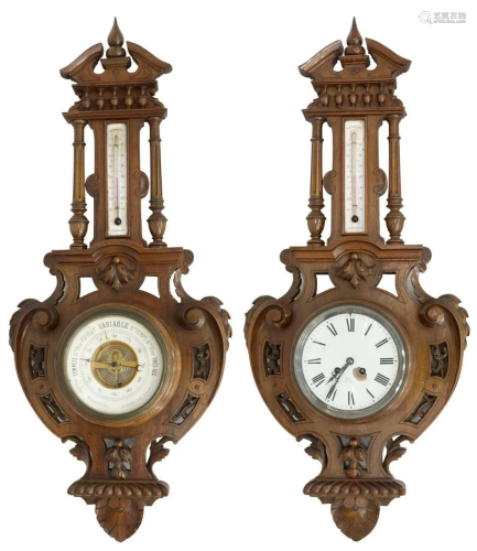 (2) FRENCH CARVED WALNUT WALL BAROMETER & CLOCK