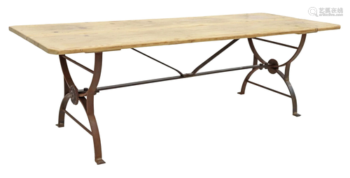 LARGE PINE AND WROUGHT IRON COFFEE TABLE, 63