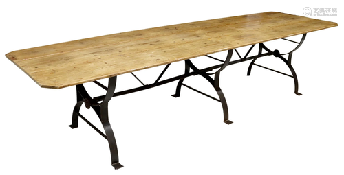 RUSTIC WAXED PINE CAST IRON BASE TABLE, 130