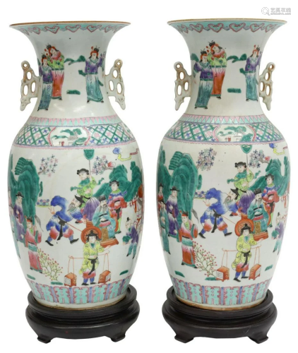 (2) CHINESE FAMILLE ROSE PORCELAIN VASES ON STANDS