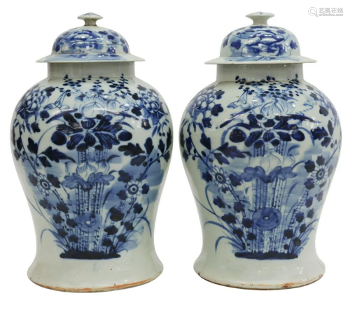 (2) CHINESE BLUE & WHITE PORCELAIN TEMPLE JARS