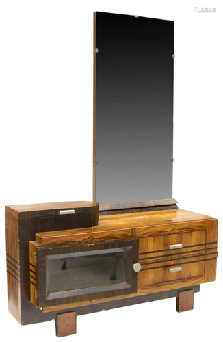 ITALIAN ART DECO WALNUT & ROSEWOOD MIRRORED VANITY