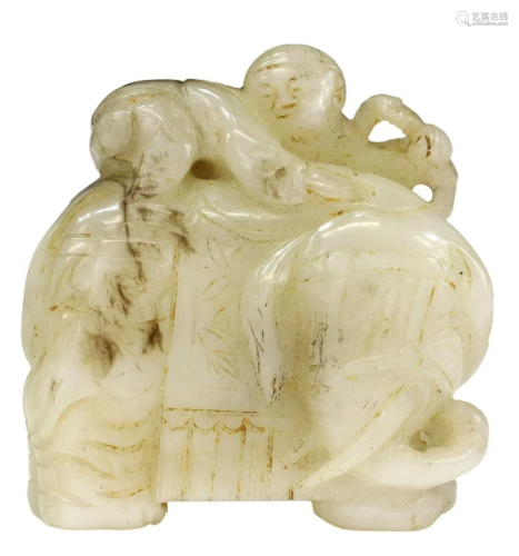 CHINESE CARVED JADE CHILD & ELEPHANT ORNAMENT