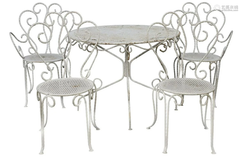 (5) FRENCH WHITE PAINTED IRON PATIO TABLE & CHAIRS