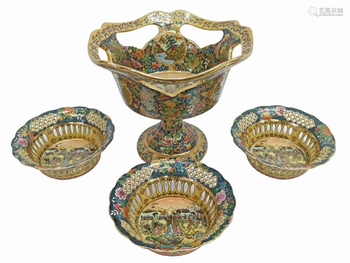 (4) SATSUMA STYLE PORCELAIN COMPOTE & BOWLS