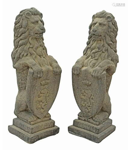 (2) CAST STONE GARDEN STATUARY, HERALDIC LIONS