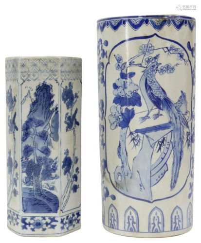 (2) CHINESE BLUE & WHITE PORCELAIN UMBRELLA STANDS