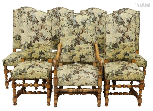 (7) FRENCH LOUIS XIII STYLE UPHOLSTERED CHAIRS