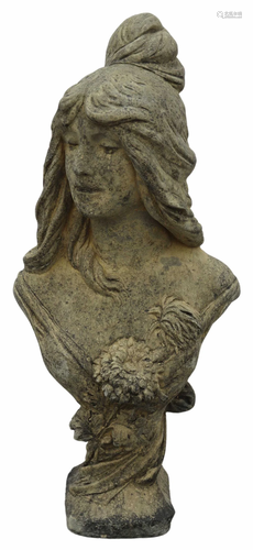 CAST STONE GARDEN STATUARY FEMALE BUST, MIRELLE