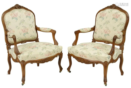 (2) FRENCH LOUIS XV STYLE UPHOLSTERED FAUTEUILS