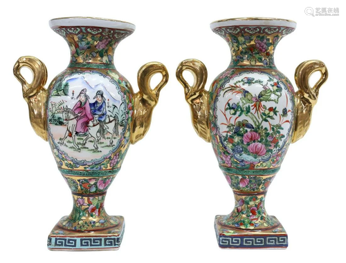 (2) CHINESE ROSE MEDALLION PORCELAIN URN VASES