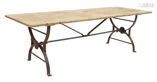 LARGE PINE & WROUGHT IRON COFFEE TABLE, 62