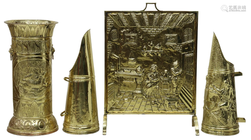 (4) BRASS SCREEN, COAL SCUTTLES & UMBRELLA STAND