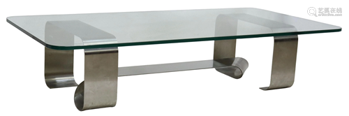 FRENCH MODERN GLASS-TOP STEEL COFFEE TABLE