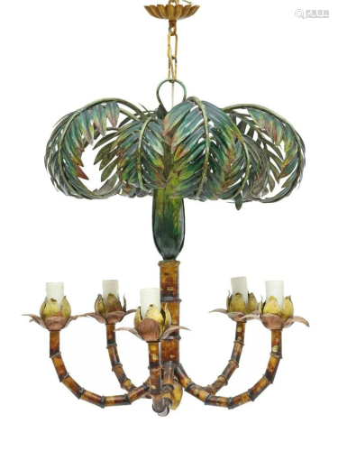 TOLE PAINTED PALM TREE FIVE-LIGHT CHANDELIER