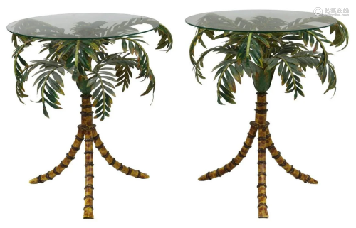 (2) GLASS-TOP TOLE PAINTED PALM TREE SIDE TABLES