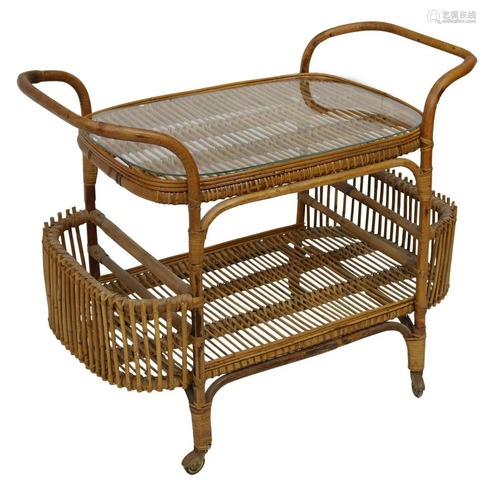 VINTAGE GLASS-TOP BAMBOO & RATTAN SERVICE BAR CART