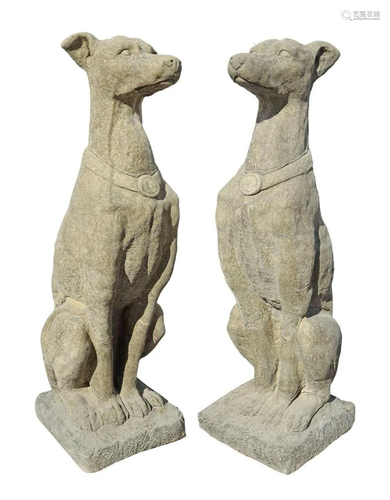 (2) CAST STONE SEATED DOGS GARDEN STATUARY, 30