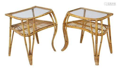 (2) VINTAGE GLASS-TOP BAMBOO & RATTAN SIDE TABLES