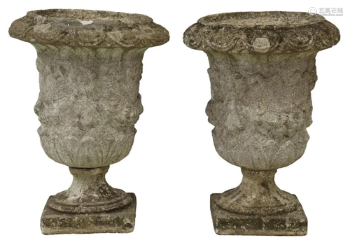 (2) FRENCH CAST STONE CAMPANA GARDEN URNS