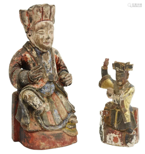 (2) CHINESE CARVED & PAINTED WOOD TEMPLE FIGURES