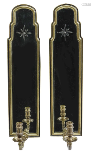 (PAIR) BRASS FRAMED MIRROR CANDLE SCONCES