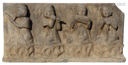 CHINESE CARVED STONE FIGURAL PANEL, MUSICIANS