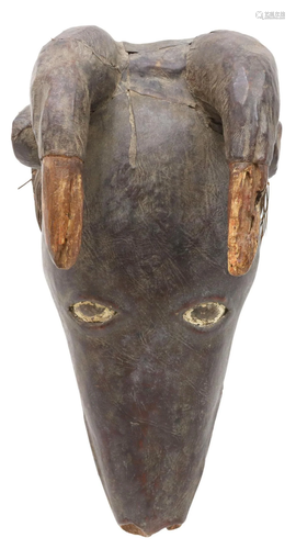 AFRICAN LEATHER & CARVED WOOD ANIMAL HEADDRESS