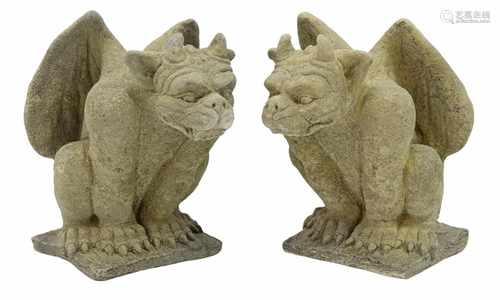 (2) CAST STONE GARDEN STATUARY, WINGED GARGOYLES