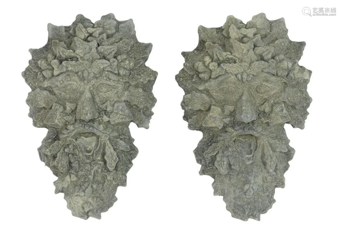 (2) CAST STONE GARDEN STATUARY GREEN MAN MASKS