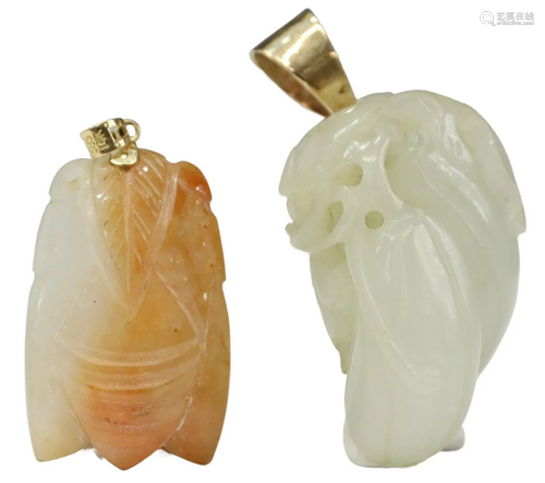 (2) CHINESE CARVED JADE PENDANTS 14KT GOLD BAILS