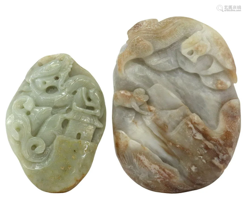 (2) CHINESE CARVED NEPHRITE JADE BOULDER CARVINGS