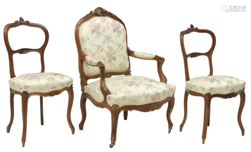(3) FRENCH LOUIS XV STYLE CHAIRS & ARMCHAIR