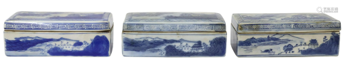 (3) CHINESE BLUE & WHITE PORCELAIN BRUSH BOXES