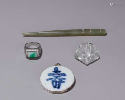 玉簪子、寿字瓷片吊坠、翡翠戒指、水晶