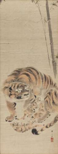 JAPON, période Meiji (1868-1912).Kakemono figurant une tigre...